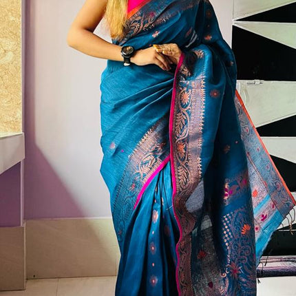 EXCLUSIVE COTTON LINEN ARGANIK BANARASI SAREE(HAND WEAVED)